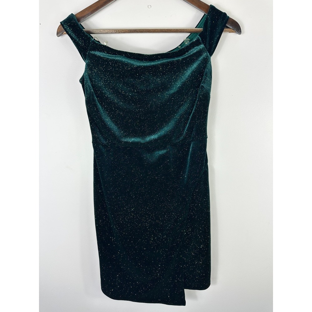 Midnight Doll Mini Dress Women 5 Green Glitter Velvet Off Shoulder Bodycon Party
